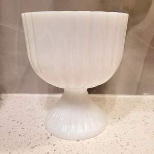 Vintage White Milk Glass Ribbed Footed Compote Bowl Scalloped Edge Pedestal Bowl